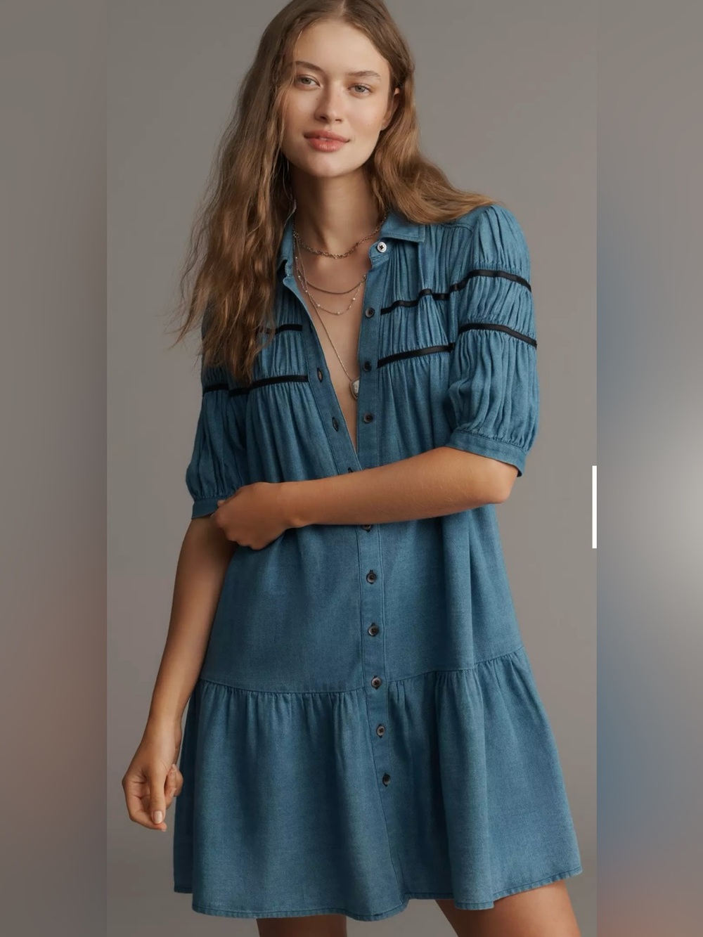 Anthropologie The Leandra Shirred Yoke Mini Dress by Maeve small